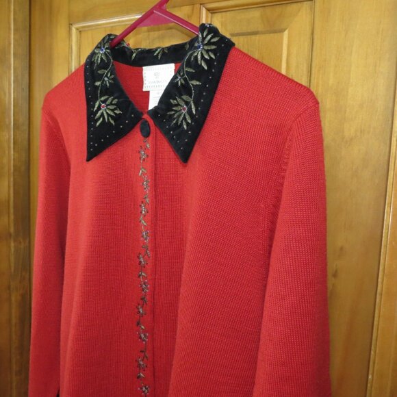 Vtg Susan Bristol Red Cardigan Sweater Embroidered Black Collar Size Large - Picture 3 of 12